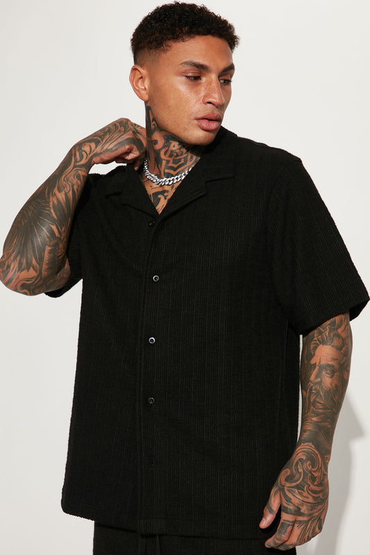 Dean Textured Short Sleeve Button Up Shirt - Black