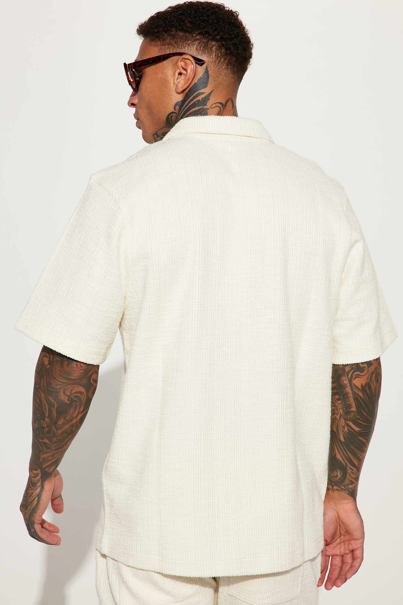 Dean Textured Short Sleeve Button Up Shirt - Cream