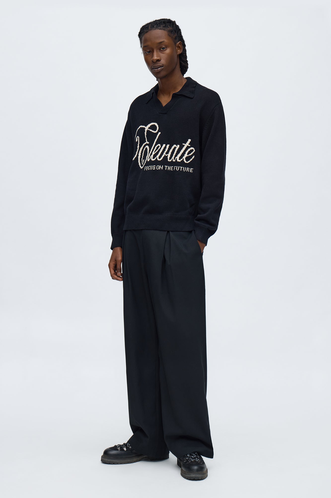 Relaxed And Beyond Johnny Collar Sweater - Black/combo