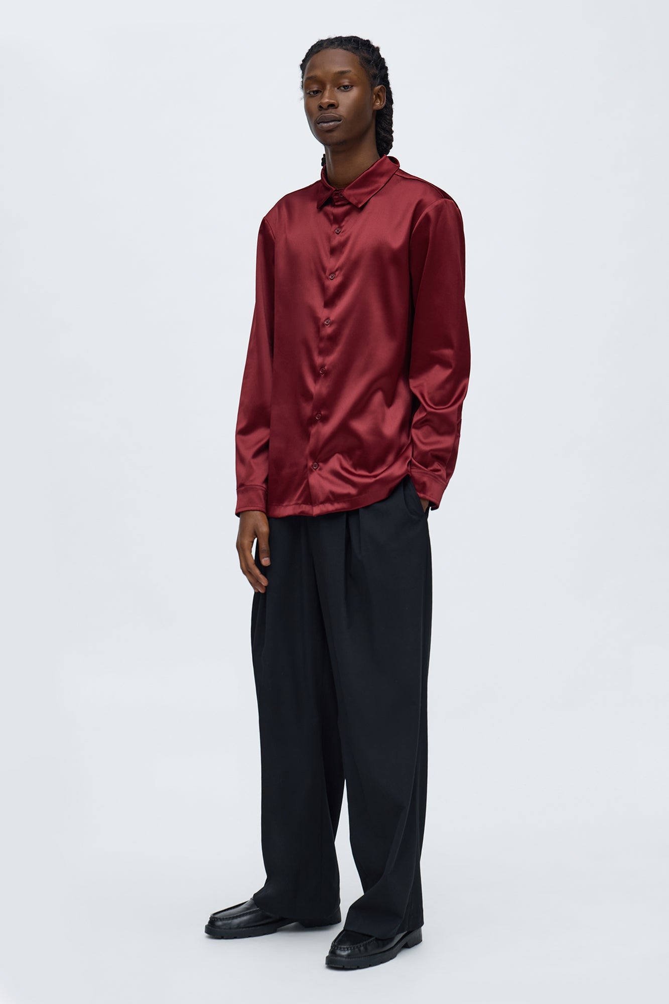 Links Satin Long Sleeve Button Up Shirt - Burgundy