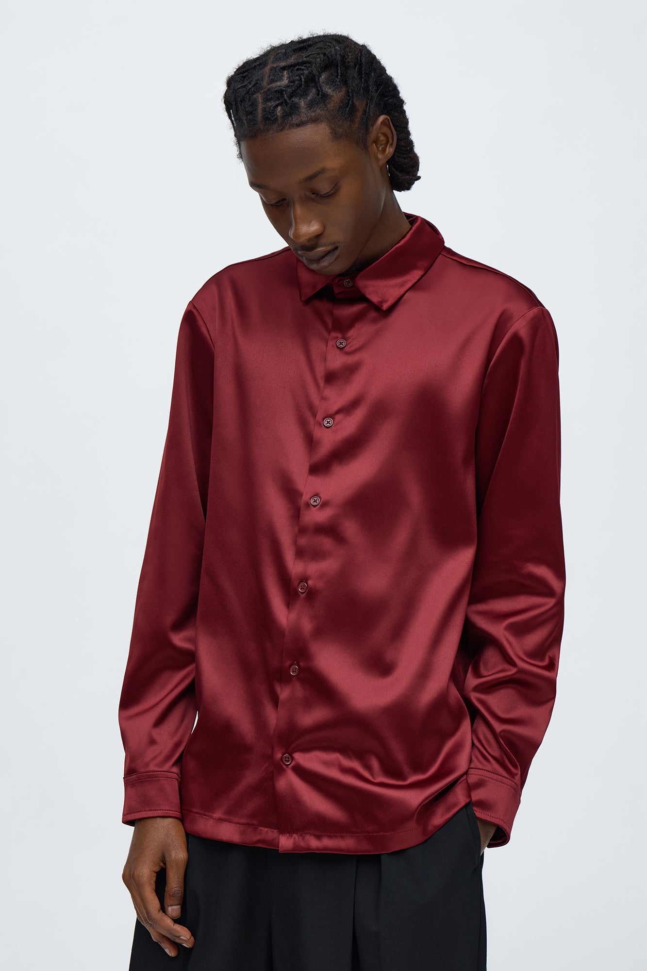 Links Satin Long Sleeve Button Up Shirt - Burgundy