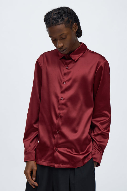 Links Satin Long Sleeve Button Up Shirt - Burgundy