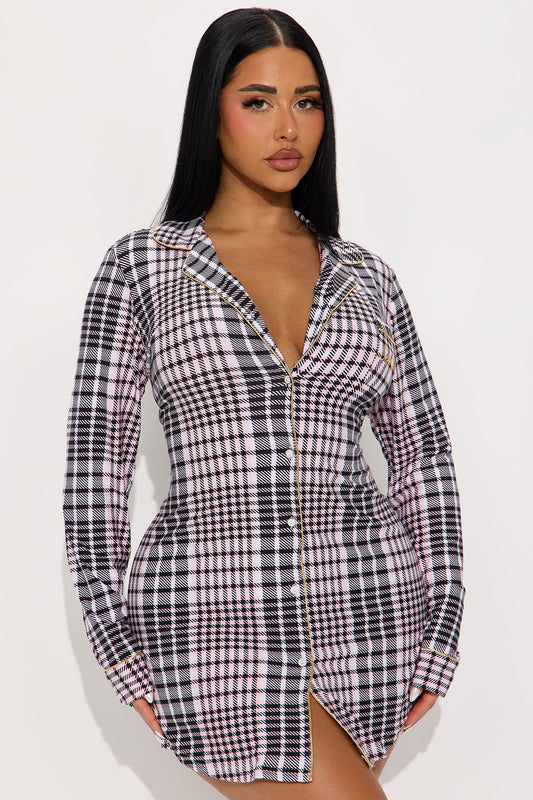 Cozy Season Embroidered Glitter Long Sleeve PJ Sleep Shirt - Pink/combo