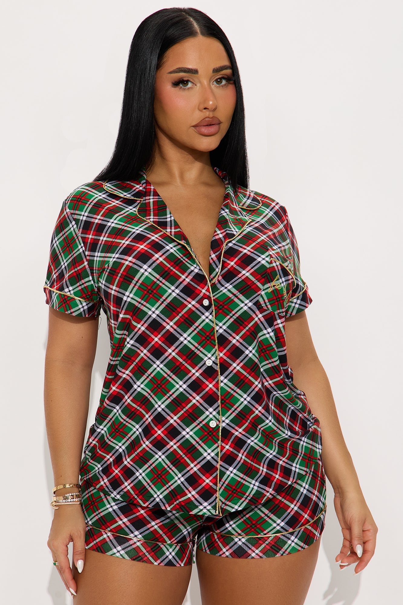 FaLaLa Embroidered Glitter Short Sleeve PJ Short Set - Green/combo