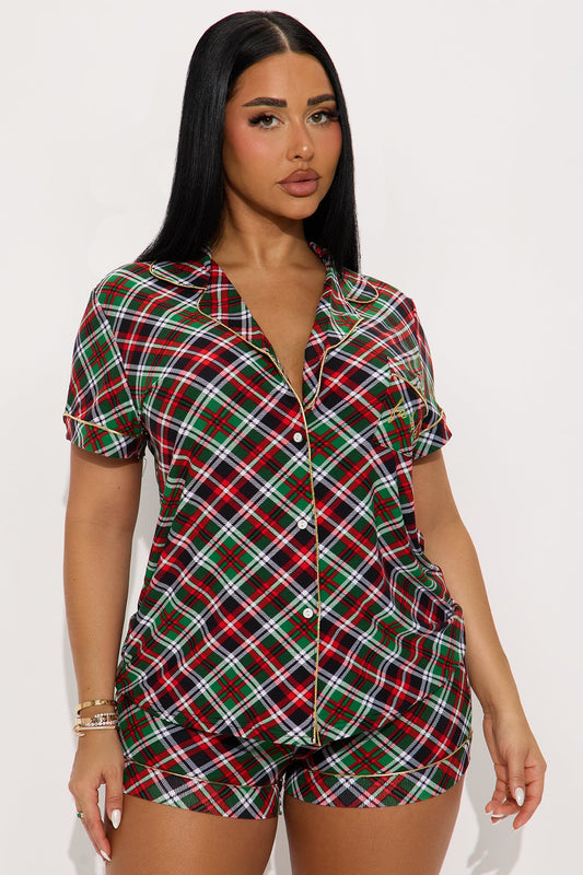 FaLaLa Embroidered Glitter Short Sleeve PJ Short Set - Green/combo