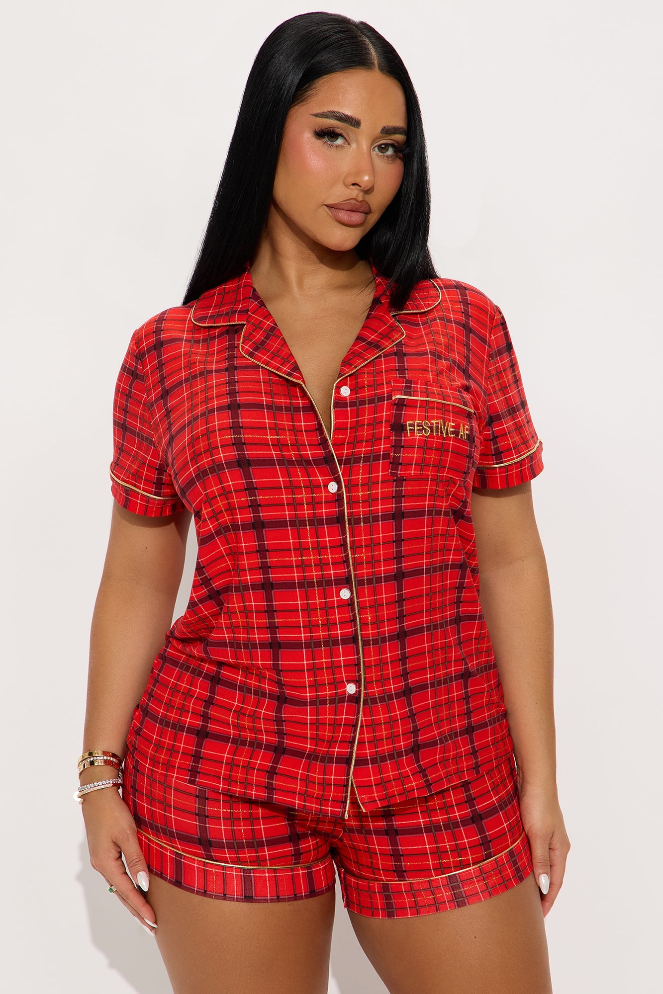 Festive AF Embroidered Glitter Short Sleeve PJ Short Set - Red