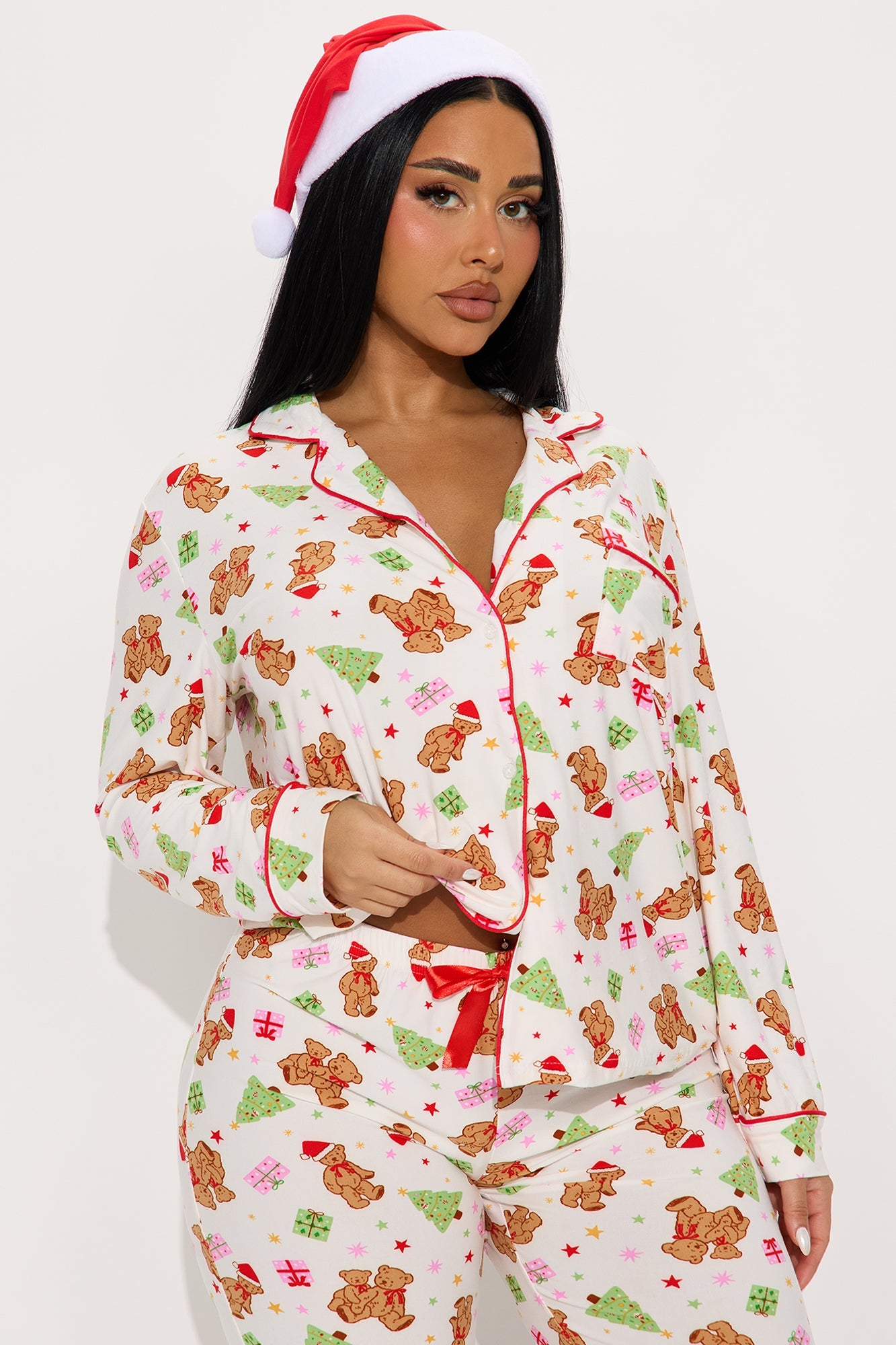 Santa's Teddy Bear 3 Piece Long Sleeve PJ Pant Set - White/combo