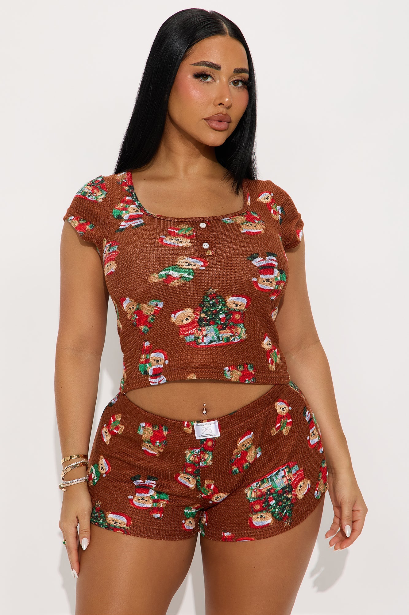 Christmas Teddy Bears Waffle Short Sleeve PJ Boxer Short Set - Chocolate