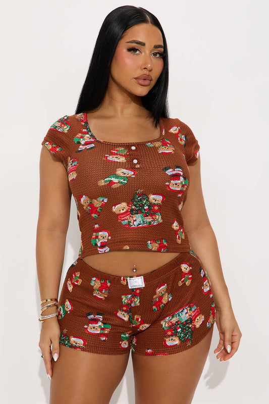 Christmas Teddy Bears Waffle Short Sleeve PJ Boxer Short Set - Chocolate