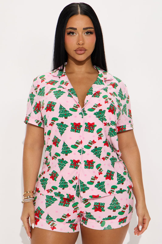 Under The Christmas Tree Short Sleeve PJ Short Set - Pink/combo