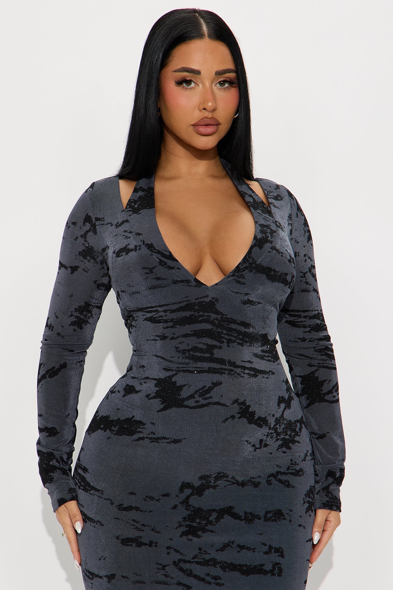 Meet Me At Midnight VNeck Slinky Midi Dress - Slate Blue