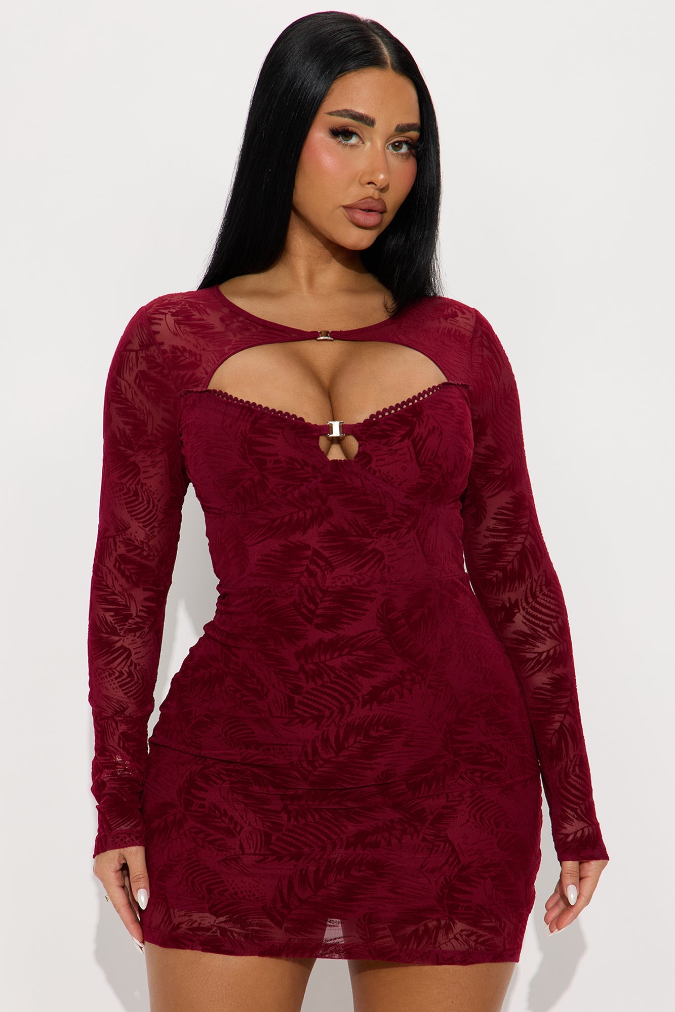 Dark Ember Mesh Flocked Cut Out Mini Dress - Wine