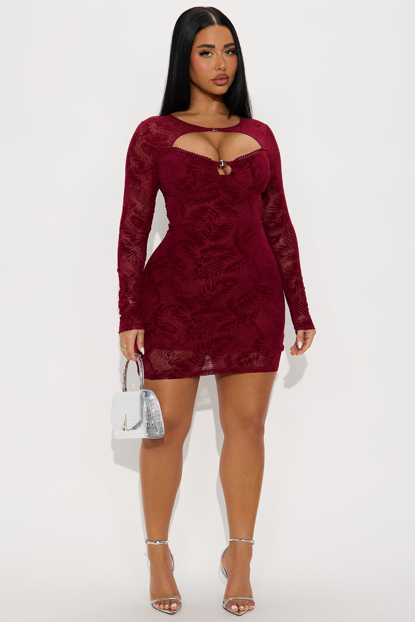 Dark Ember Mesh Flocked Cut Out Mini Dress - Wine
