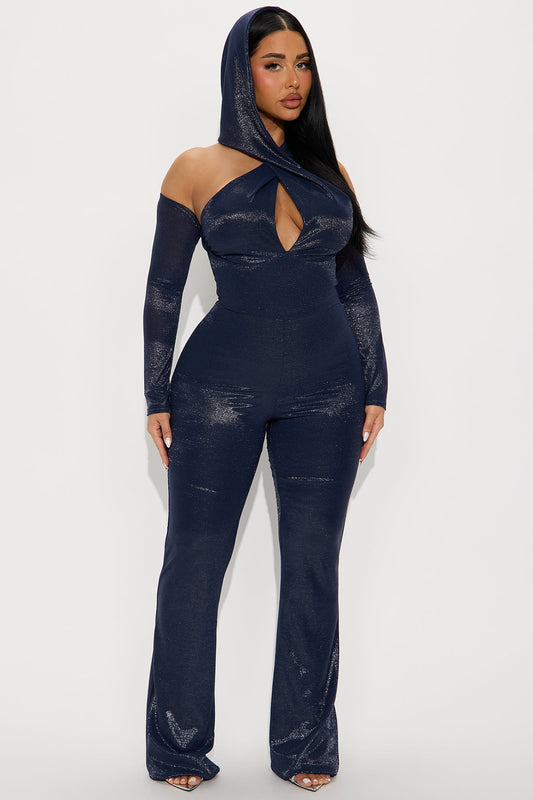 Dark Romance Metallic Hoodie Jumpsuit - Navy