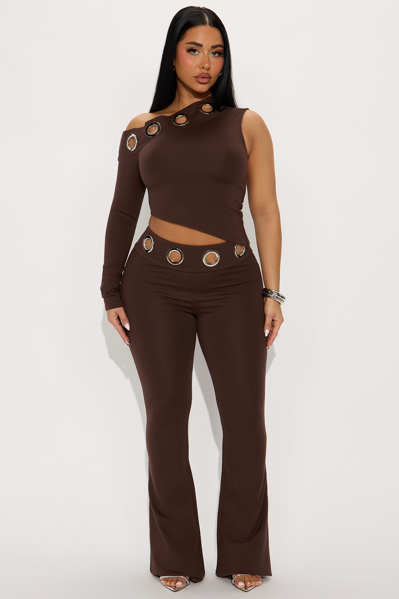 Mila Grommet One Shoulder Pant Set - Chocolate
