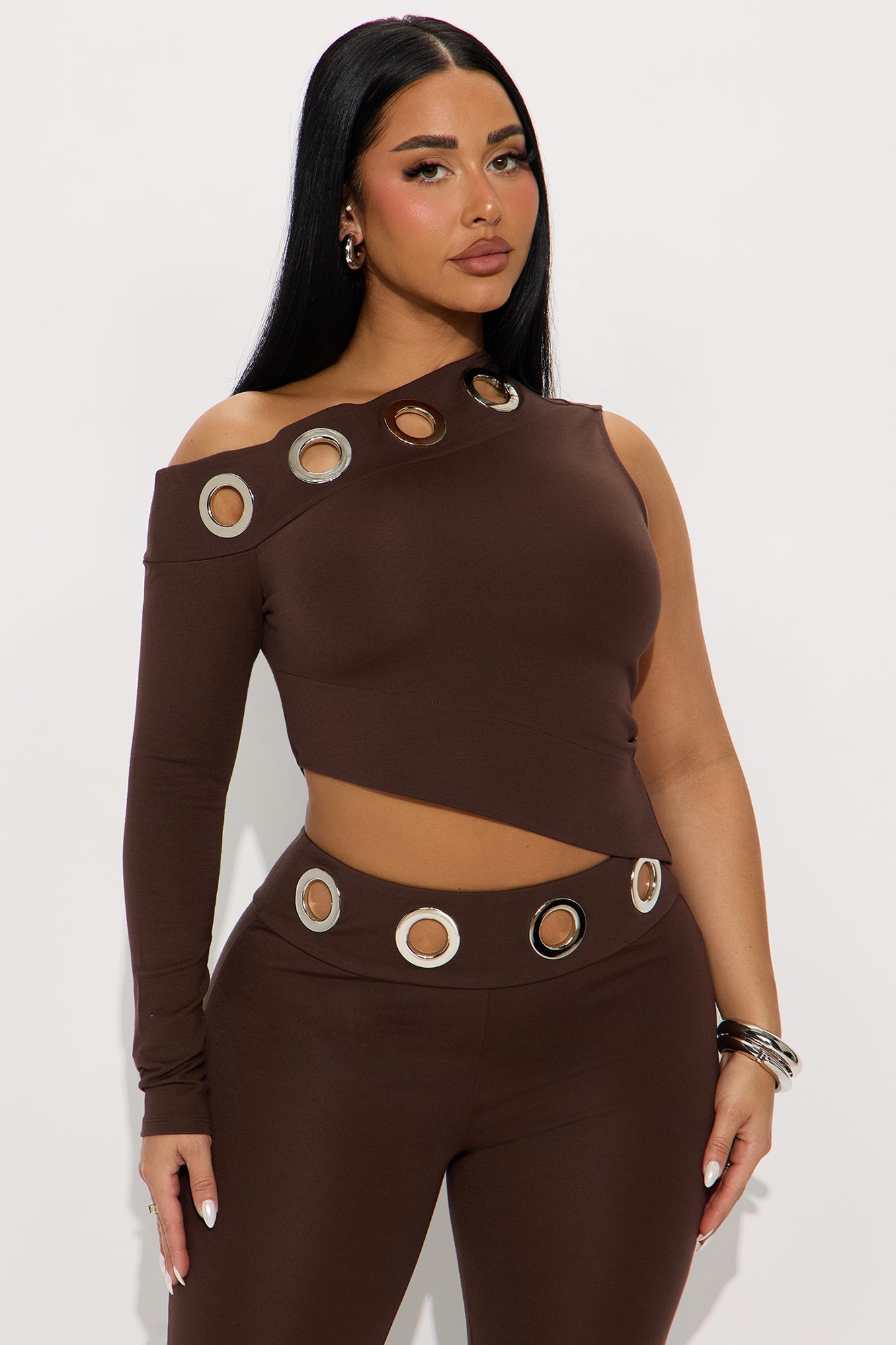 Mila Grommet One Shoulder Pant Set - Chocolate