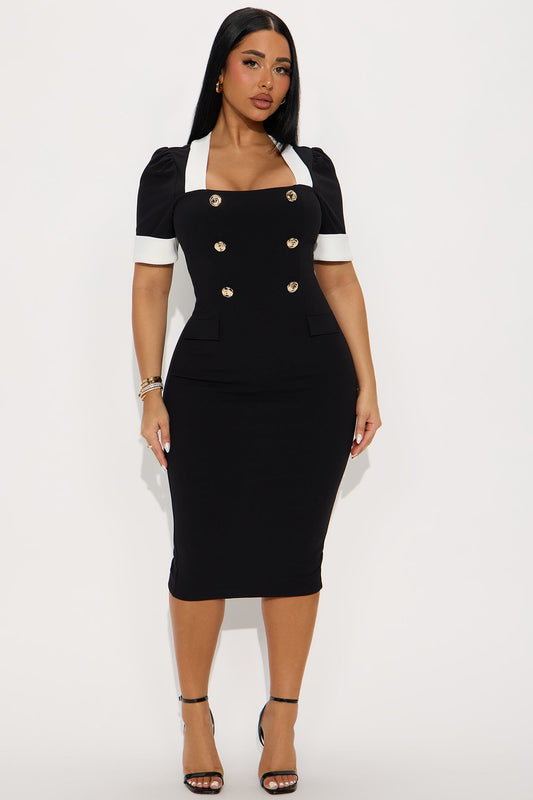 Ainsley Contrast Trim Crepe Knit Midi Dress - Black/White