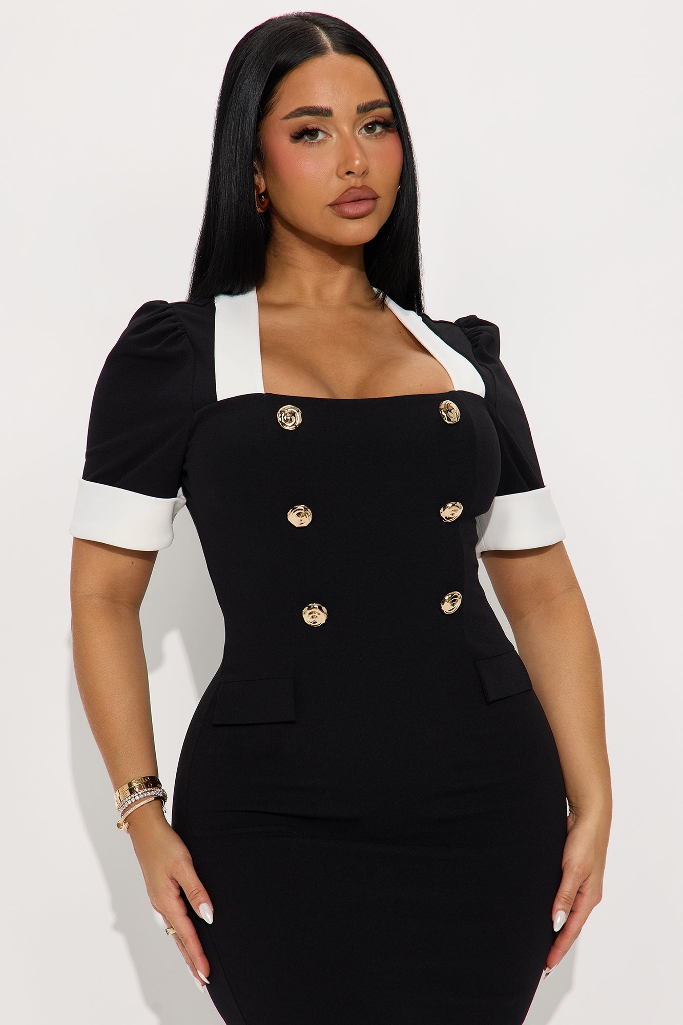 Ainsley Contrast Trim Crepe Knit Midi Dress - Black/White