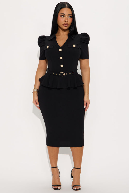 Kathryn Ruffle Sleeve Crepe Knit Midi Dress - Black