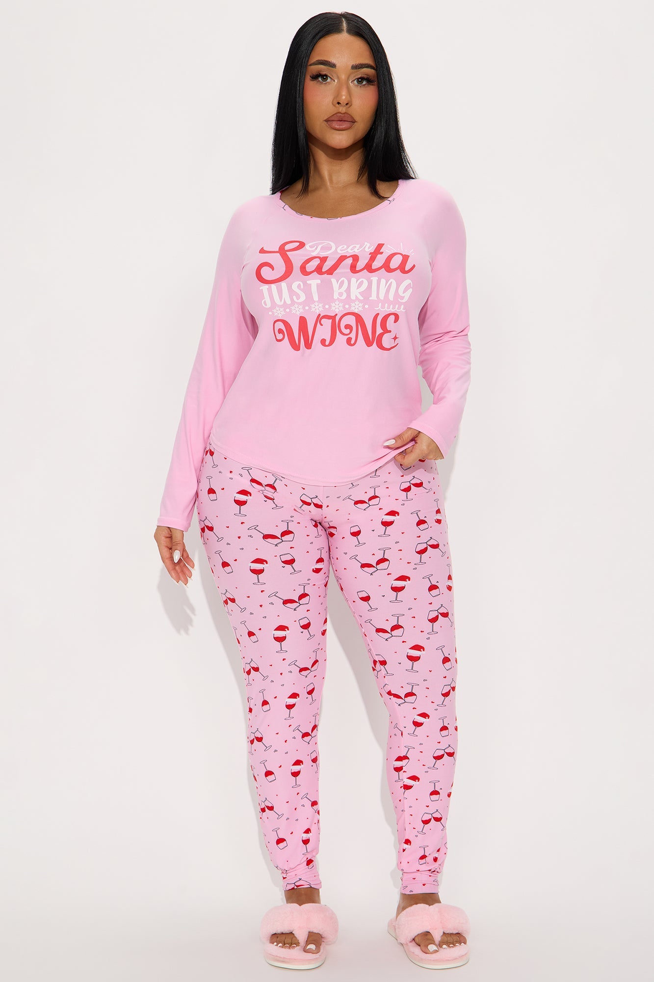 Santa Bring Wine Long Sleeve PJ Jogger Set - Pink