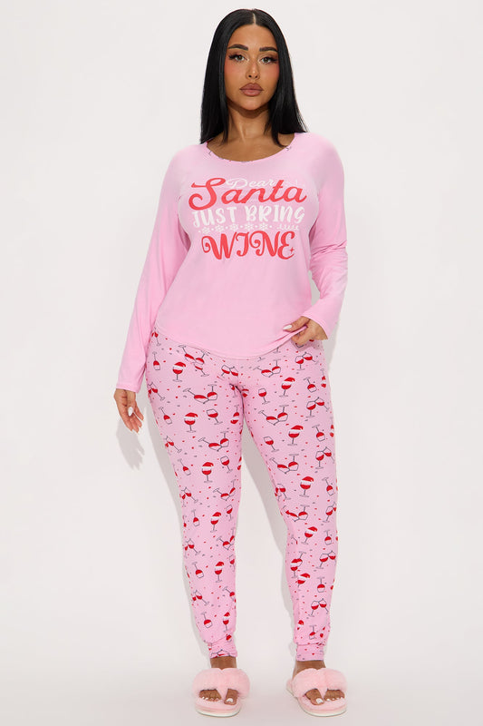 Santa Bring Wine Long Sleeve PJ Jogger Set - Pink