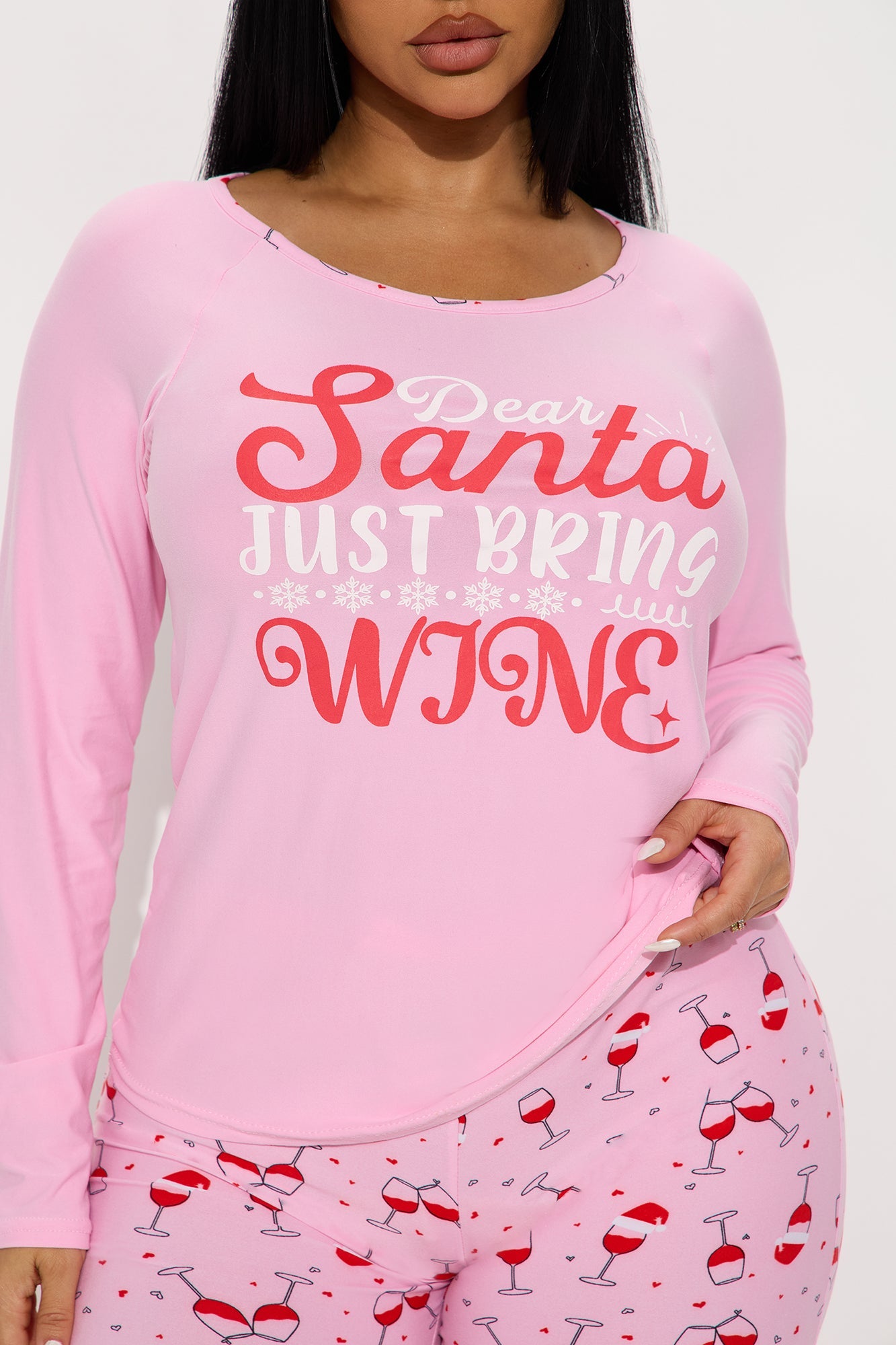 Santa Bring Wine Long Sleeve PJ Jogger Set - Pink