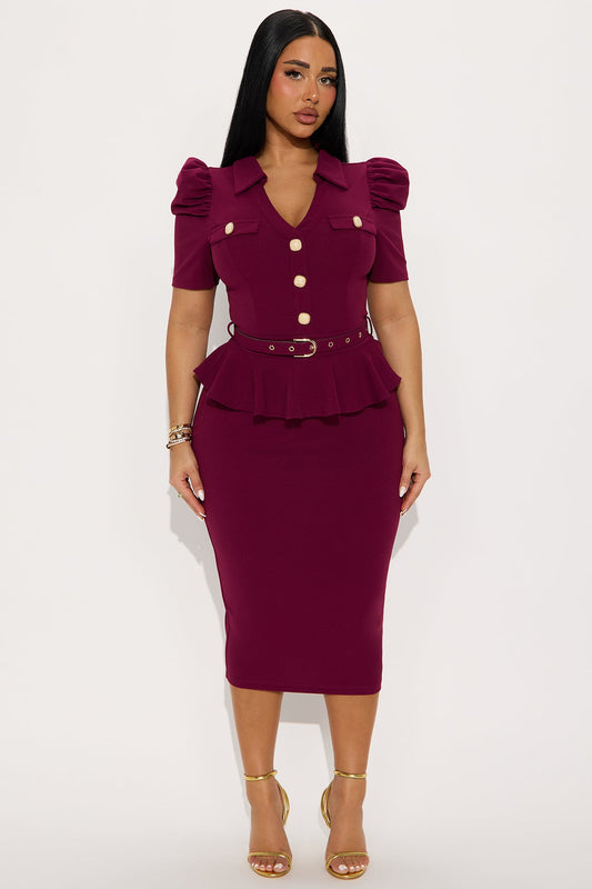 Kathryn Ruffle Sleeve Crepe Knit Midi Dress - Wine