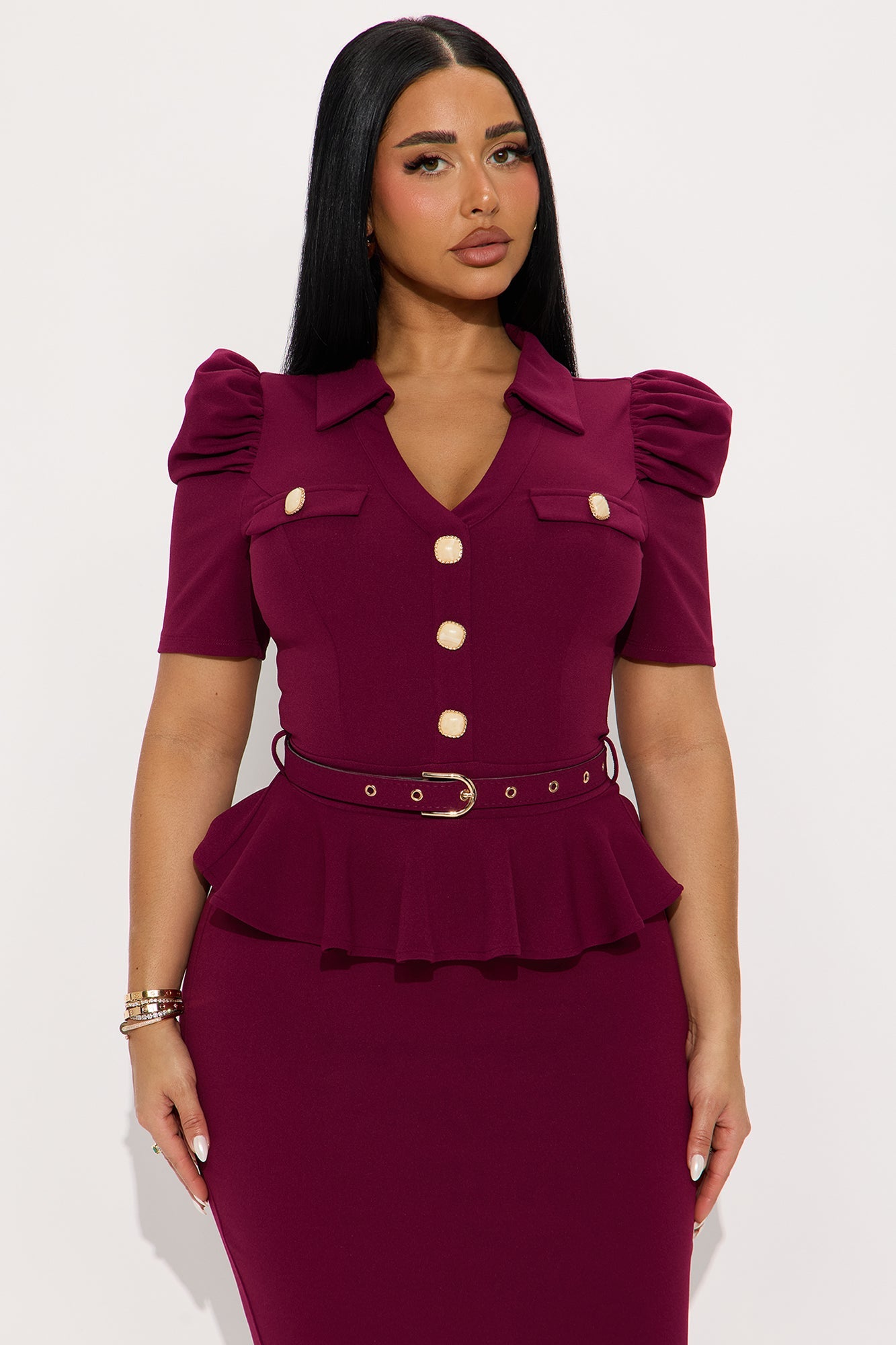 Kathryn Ruffle Sleeve Crepe Knit Midi Dress - Wine
