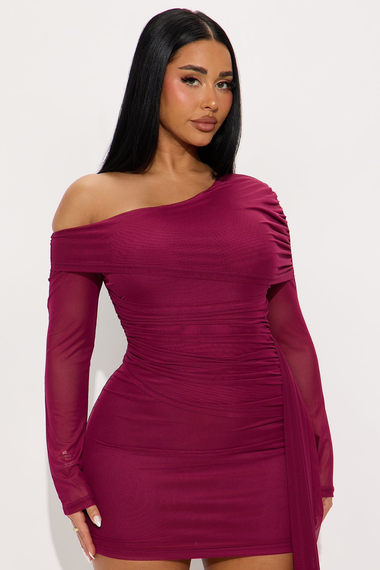 Diva Mode Draped Mesh Mini Dress - Burgundy