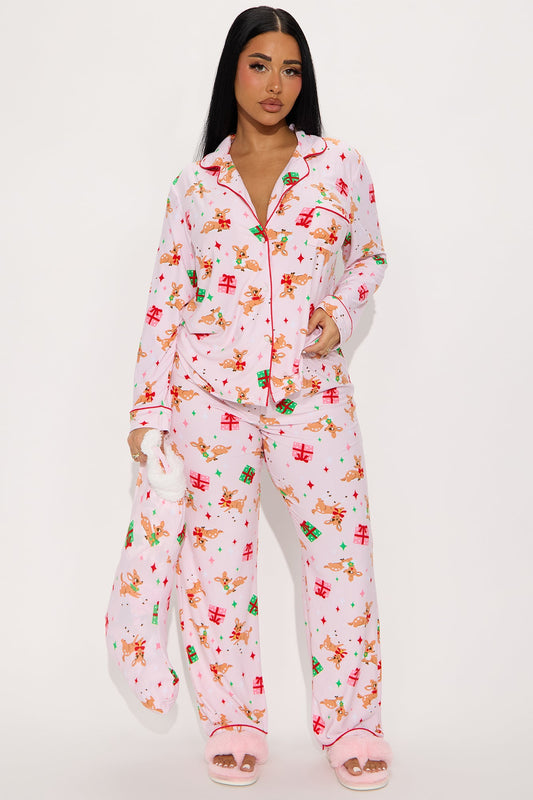Santa's Reindeer 3 Piece PJ Pant Set - Pink/combo