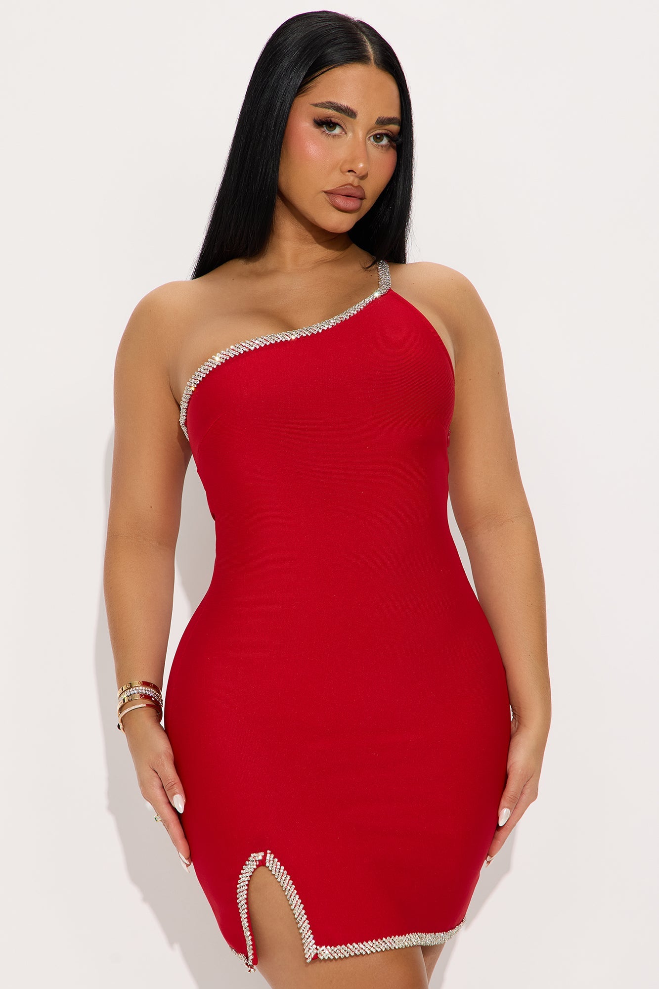 Ren Rhinestone Trim Bandage Mini Dress - Red