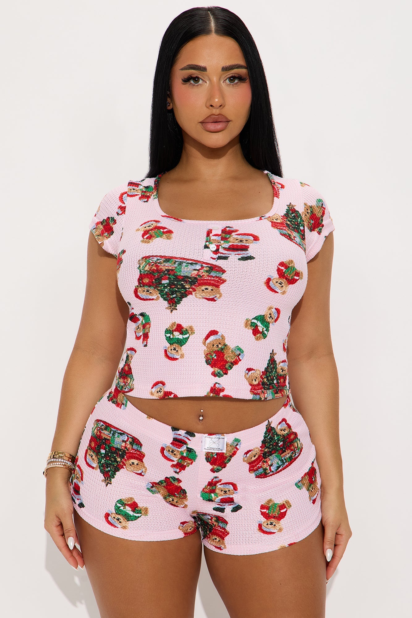 Christmas Teddy Bears Waffle Short Sleeve PJ Boxer Short Set - Pink