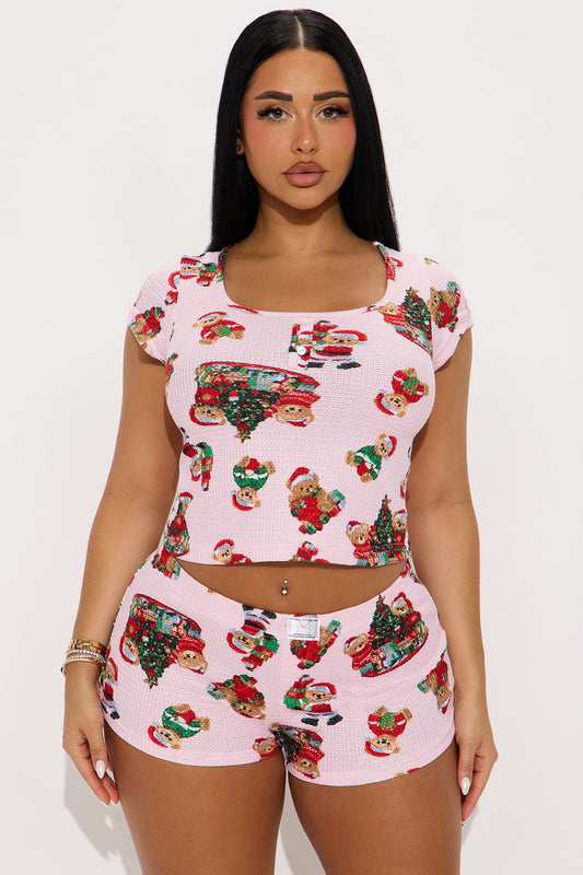 Christmas Teddy Bears Waffle Short Sleeve PJ Boxer Short Set - Pink