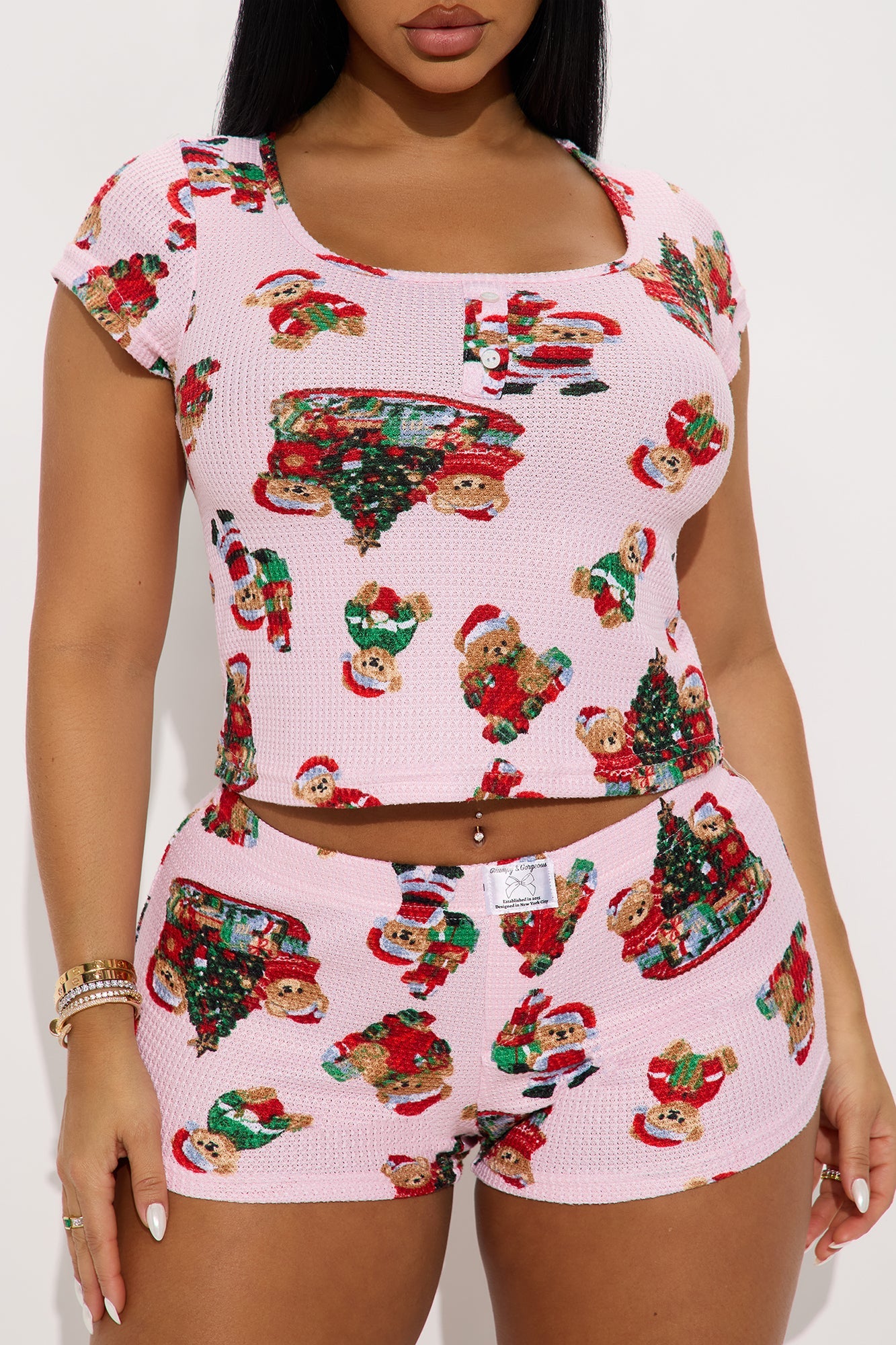 Christmas Teddy Bears Waffle Short Sleeve PJ Boxer Short Set - Pink