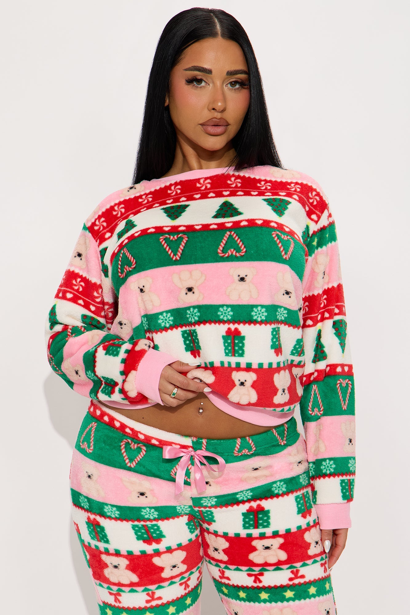 Sweetest Holiday Plush Crew Neck PJ Pant Set - Green/combo