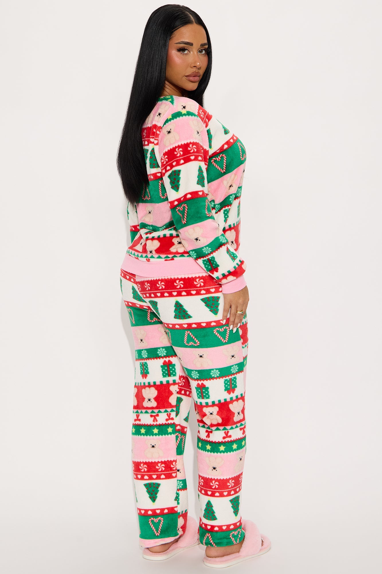 Sweetest Holiday Plush Crew Neck PJ Pant Set - Green/combo