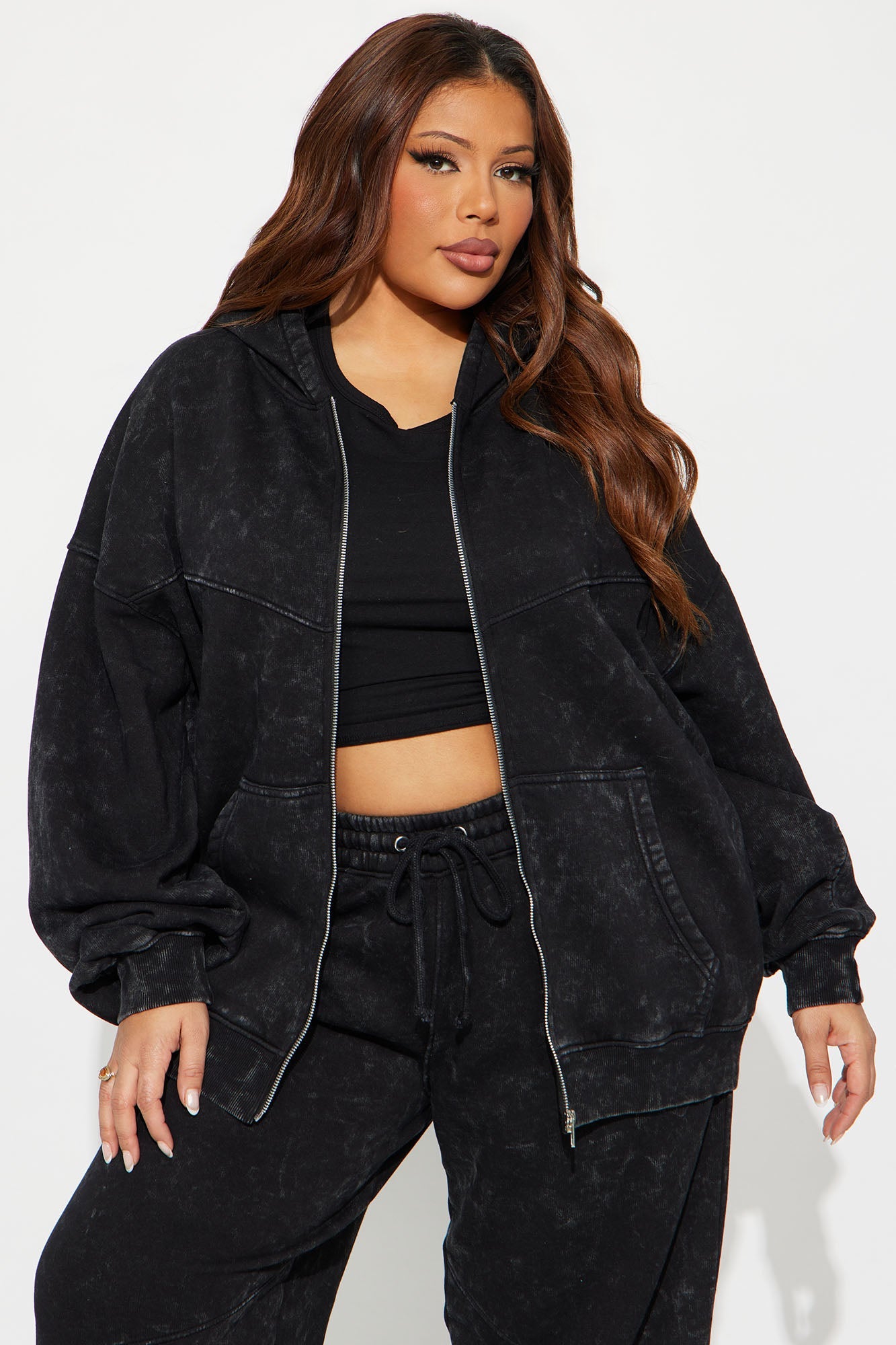 Kathleen Washed Fleece Lounge Zip Up Hoodie - Charcoal