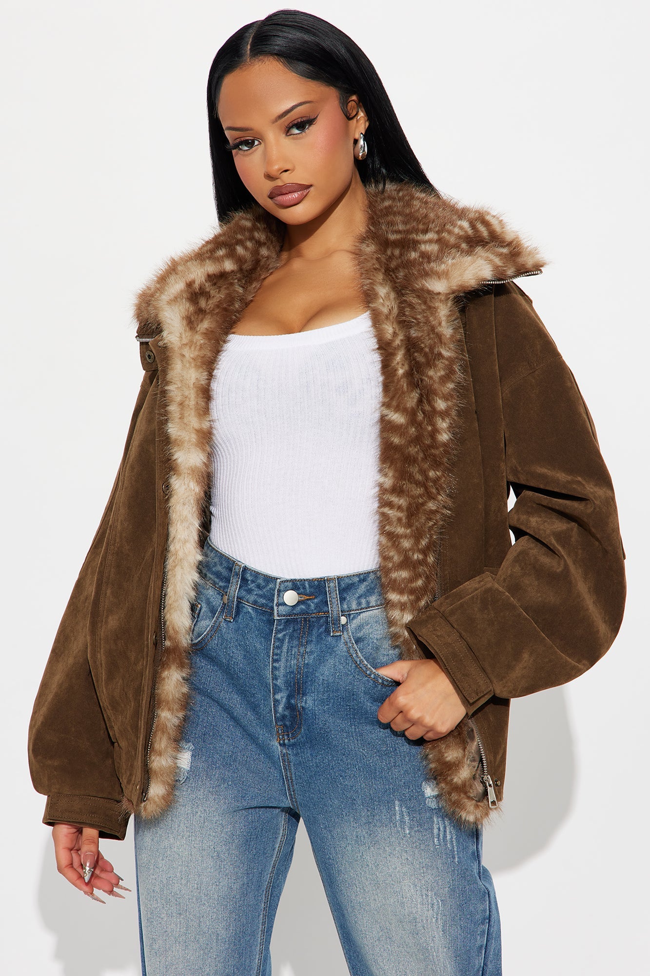 No Closure Faux Suede Oversized Jacket - Brown