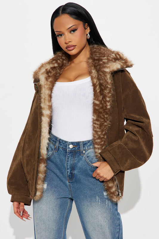 No Closure Faux Suede Oversized Jacket - Brown