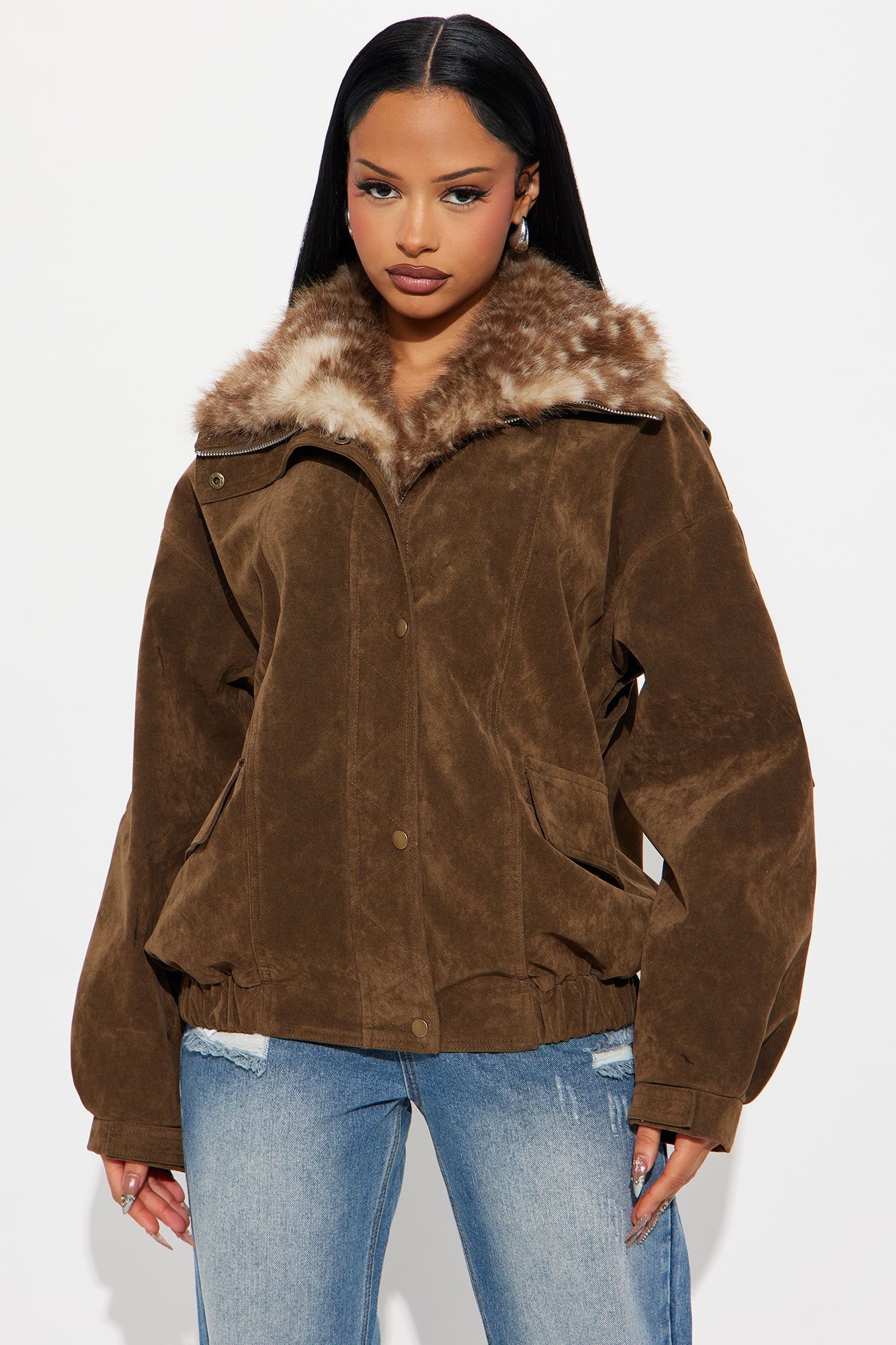 No Closure Faux Suede Oversized Jacket - Brown