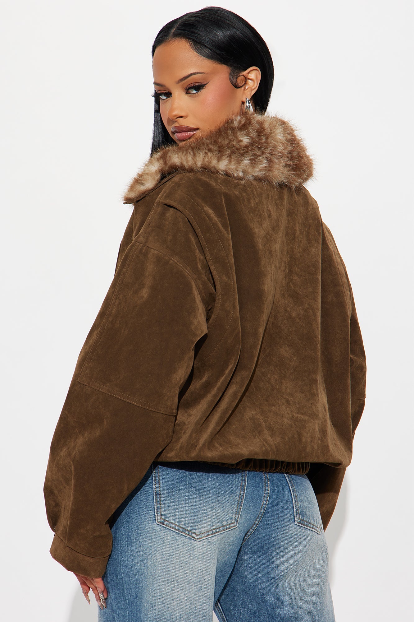 No Closure Faux Suede Oversized Jacket - Brown