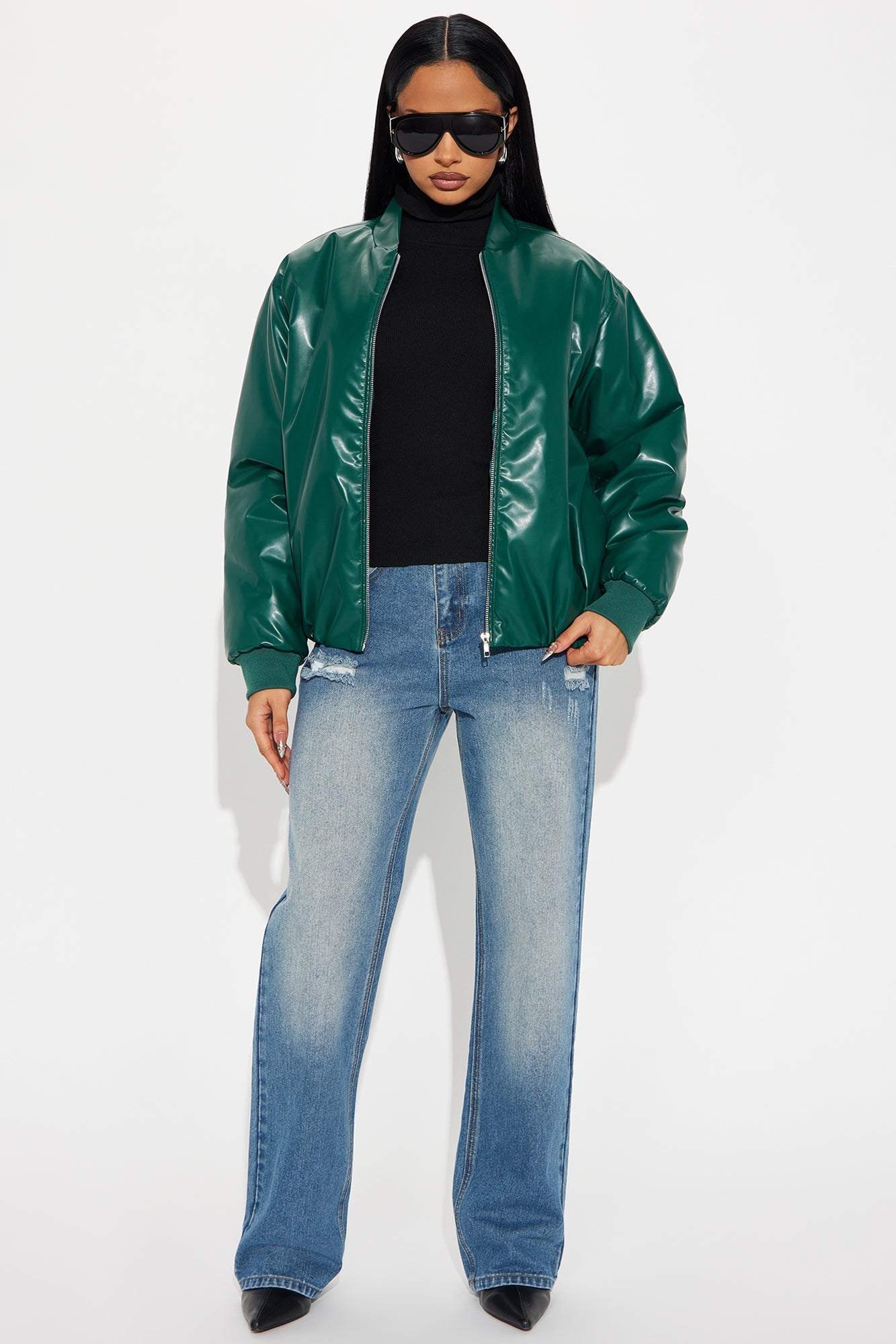 Gwen Faux Leather Puffer - Hunter Green