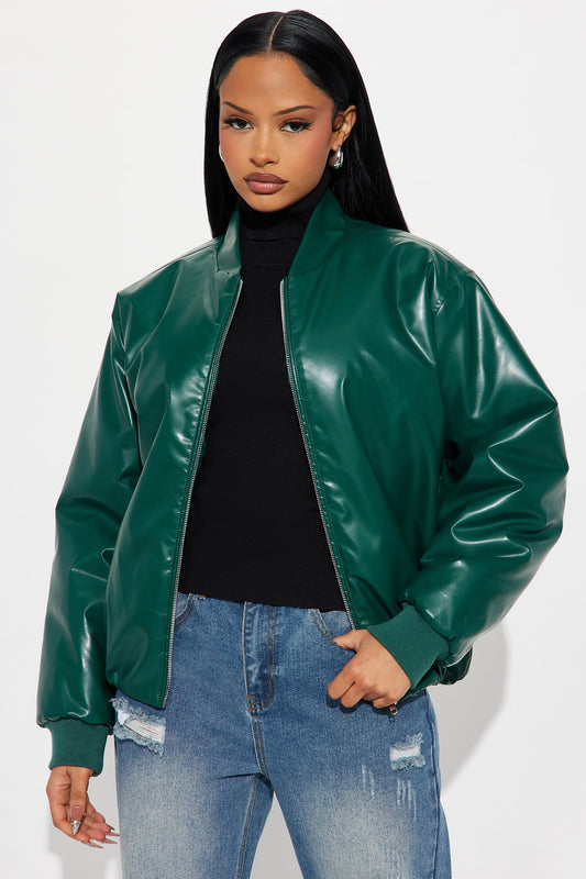 Gwen Faux Leather Puffer - Hunter Green