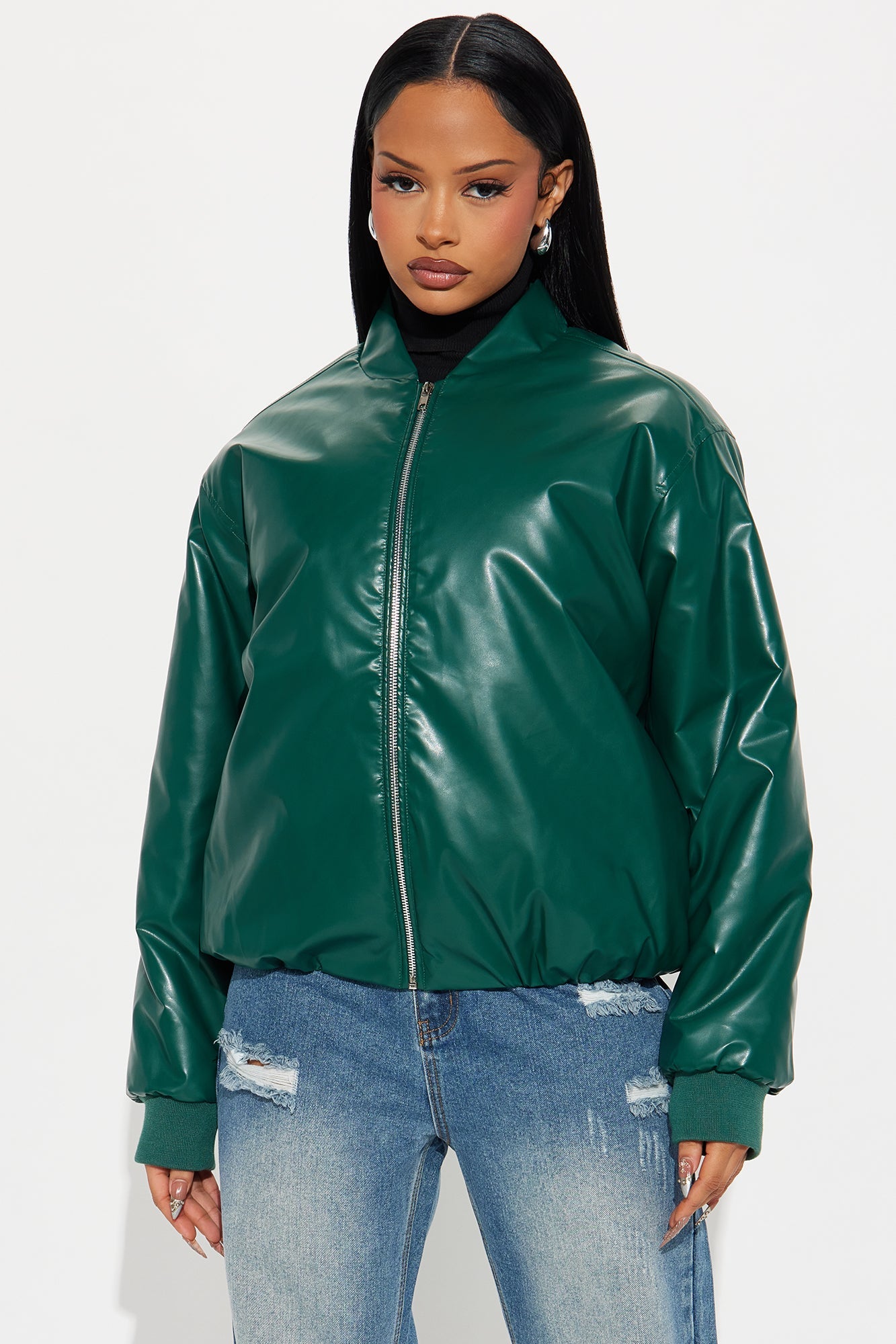 Gwen Faux Leather Puffer - Hunter Green