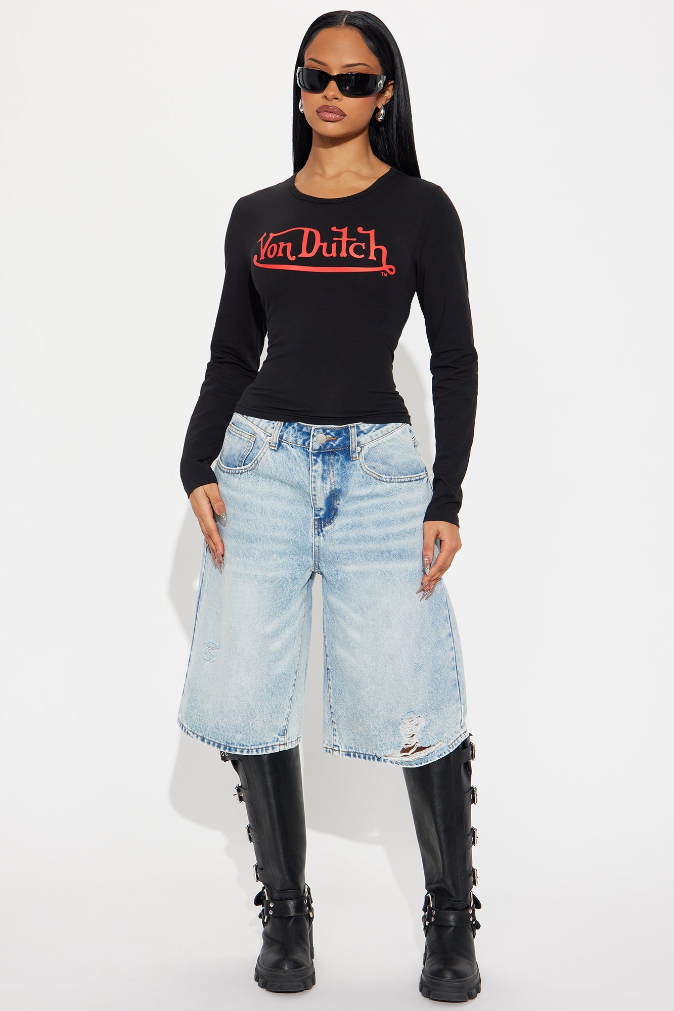 Von Dutch Long Sleeve Crew Neck Baby Tee - Black