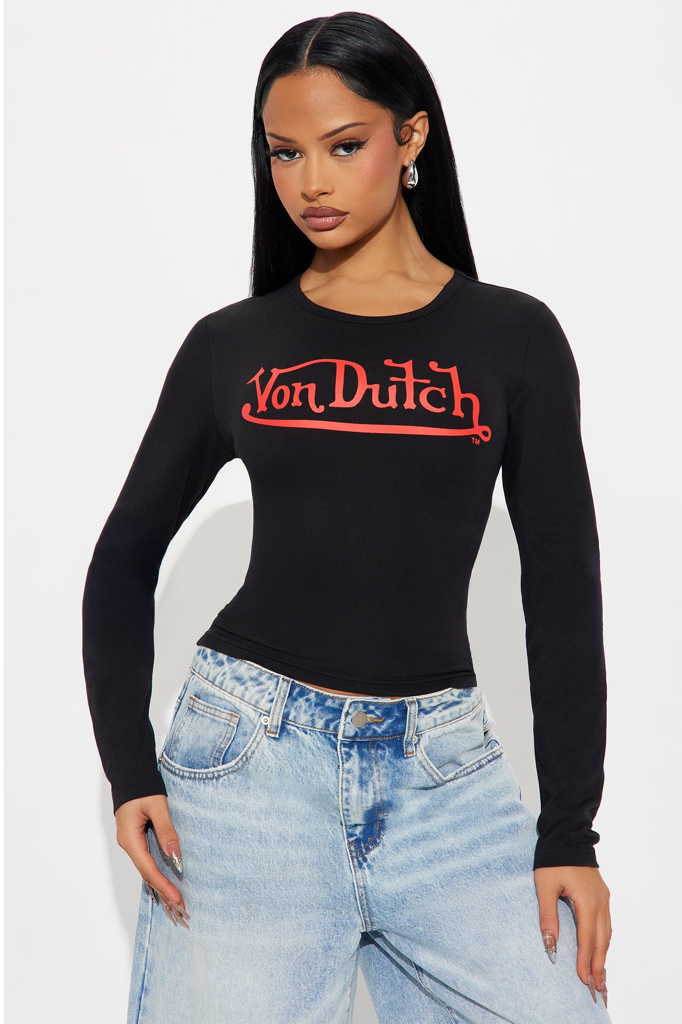 Von Dutch Long Sleeve Crew Neck Baby Tee - Black