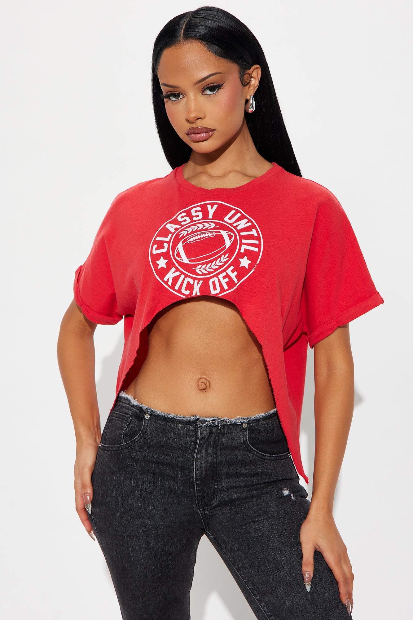 Classy Until Kickoff Distressed Cropped Top - Red