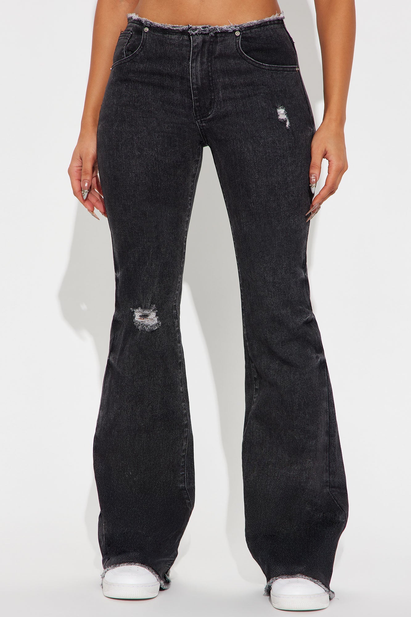 Kali Cut Off Waistband Flare Leg Jeans - Black Wash