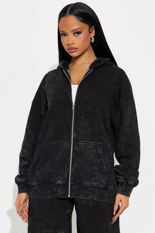 Kathleen Washed Fleece Lounge Zip Up Hoodie - Charcoal