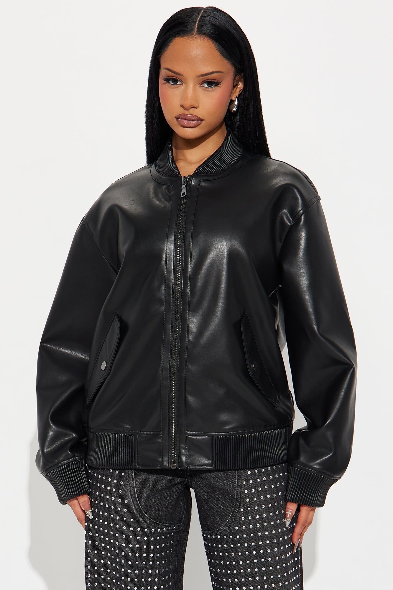 Gabrielle Faux Leather Bomber Jacket - Black